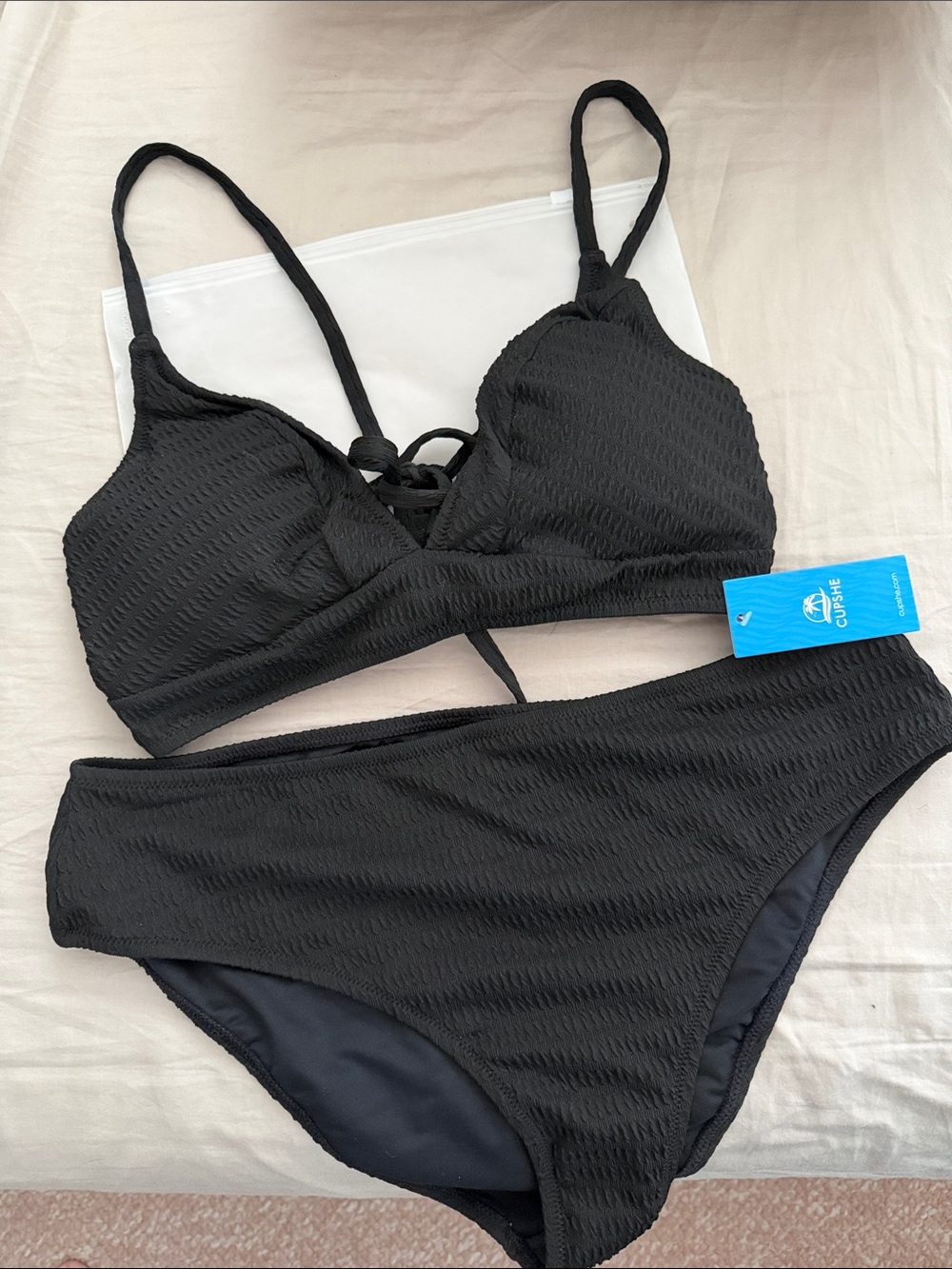 Cupshe Black Textured Lace-Up Bikini Set